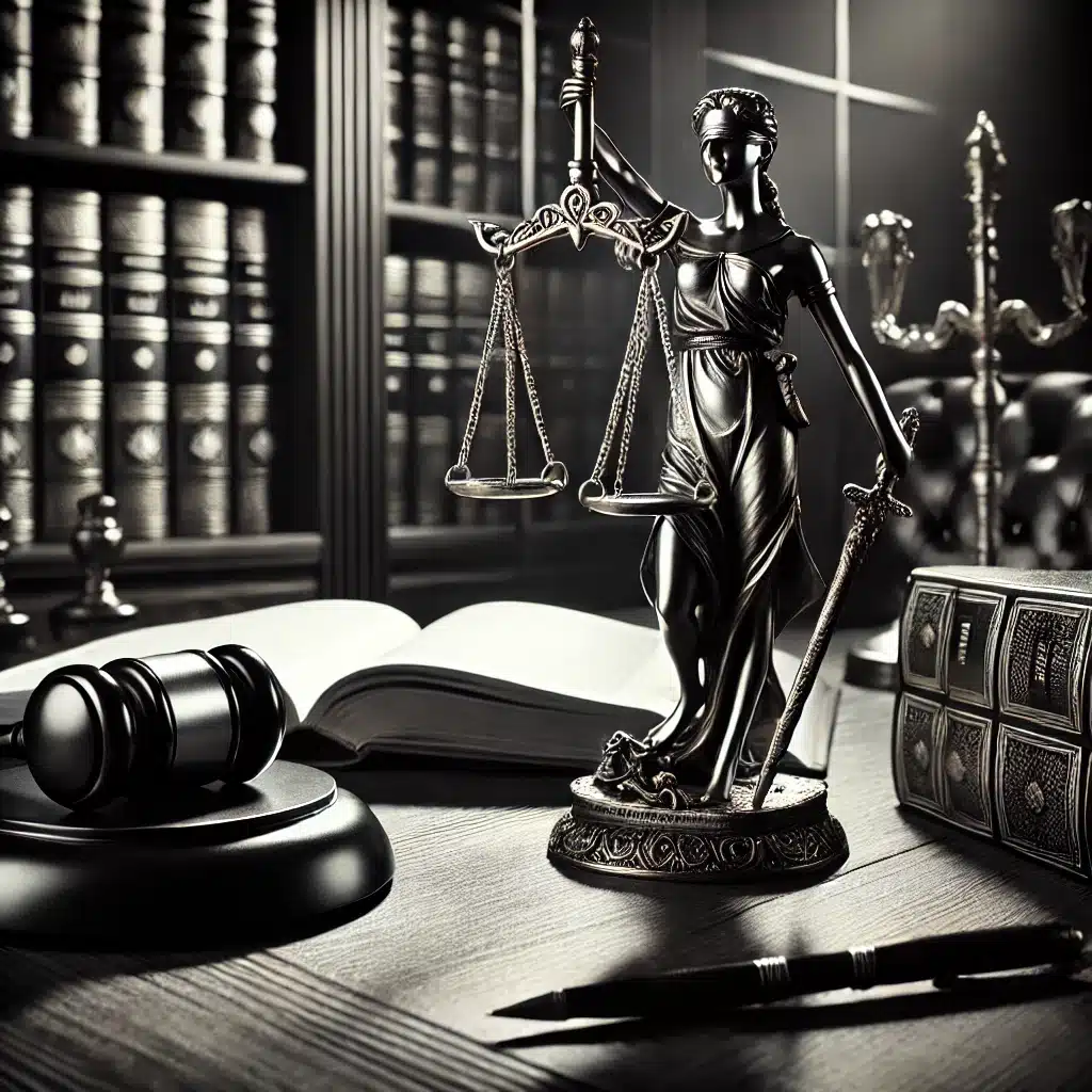 פסל ברונזה של Lady Justice ניצב על שולחן עץ עם מאזניים, ספר פתוח, פטיש וספרי משפטים בספרייה באור עמום.